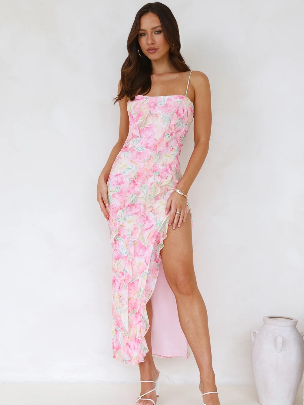 Floral Pink Ruffle Slip Dress